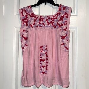 J.Marie Boho Pink Top Women’s Small Embroidered Flowers Red Lilac Lined Blouse